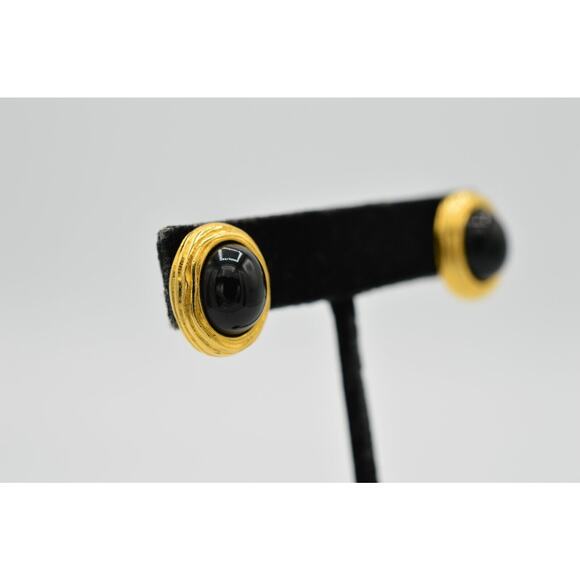 Givenchy Vintage Cabochon Earrings Stud Brushed Gold Black Signed 1980s BinC - Picture 4 of 9